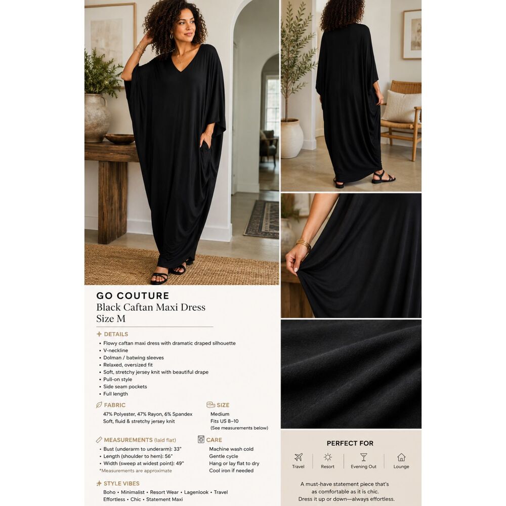 GO COUTURE Black Caftan Maxi Dress M V Neck Oversized Draped Dolman Sleeve